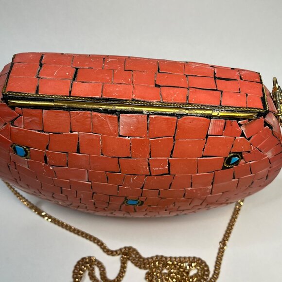 Ramla Design Handmade Mosaic Crossbody Purse Coral Blue Gold Accents rustic - Picture 7 of 9